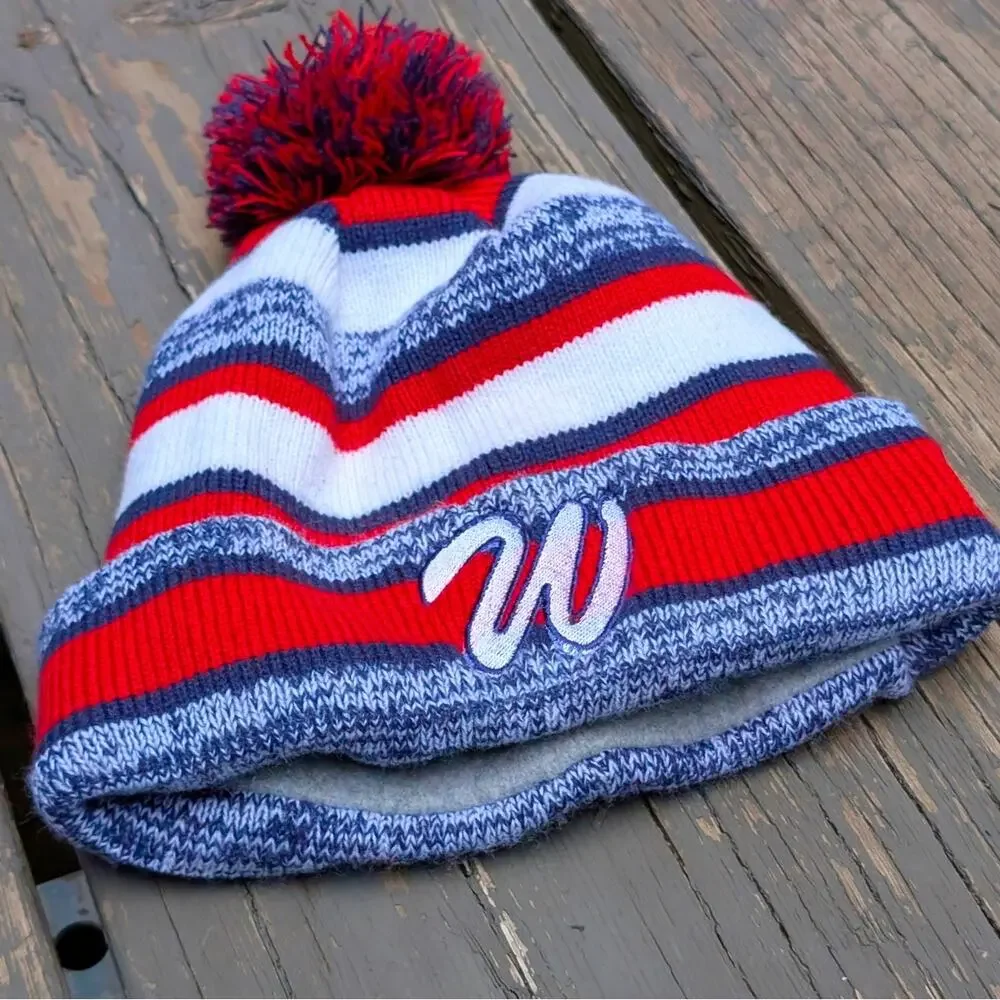 Washington Nationals MLB New Era Pom Beanie Hat Fleece Wool Lined Striped